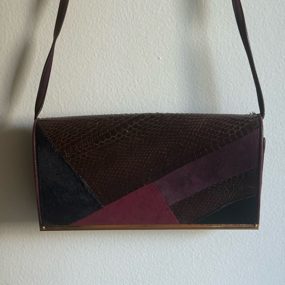NINA RICCI Snakeskin + Pony Hair Patchwork Shoulder Bag/Clutch - New